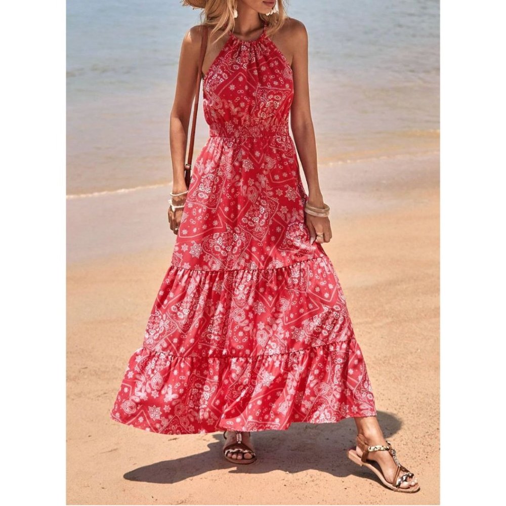 LAST ONE 🔥 Paisley Print Ruffle Hem Halter Dress